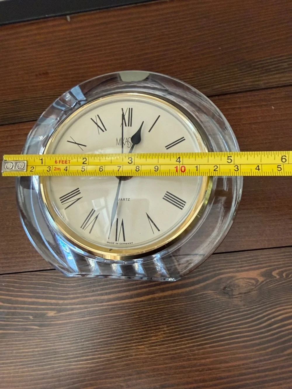 Mikasa Crystal Table Clock with Gold Accent and White Dial. Runs on AA Battery